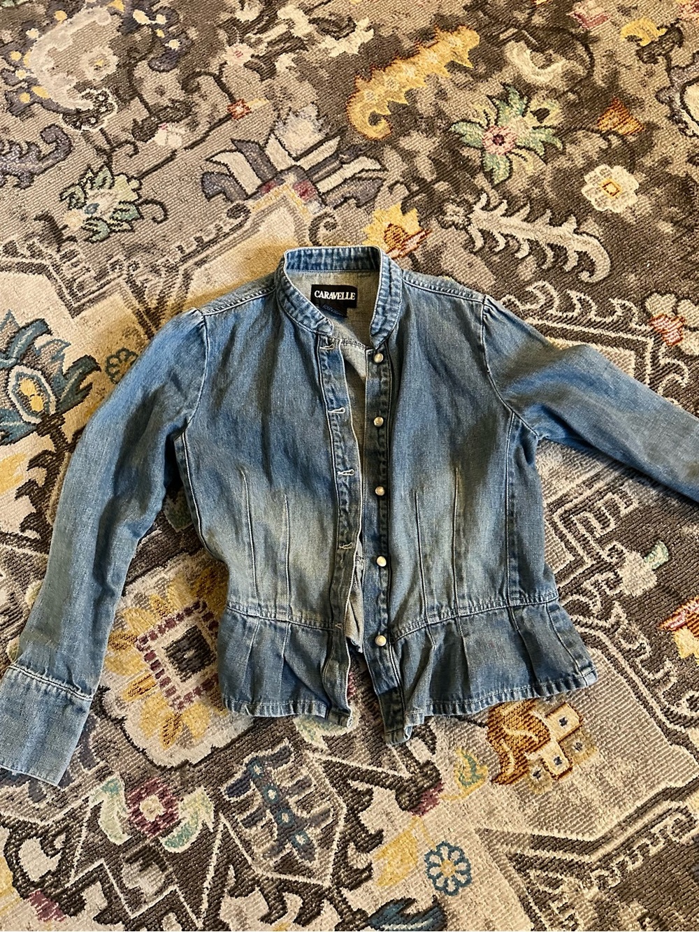 Caravelle Girls Jean Jacket Peplum Pleated Waist Puff Sleeve Blue Denim XL 16